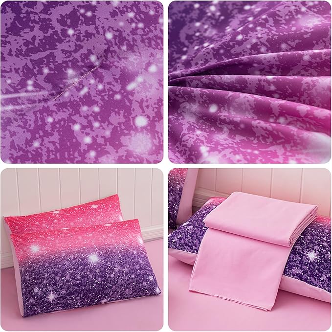Full Size Bedding Sets Kids Bedding Sets for Girls,Galaxy Bedding 7pieces Glitter Pink Comforter Colorful Comforter Full Size Comforter Sets for Teen Girls(Purple)