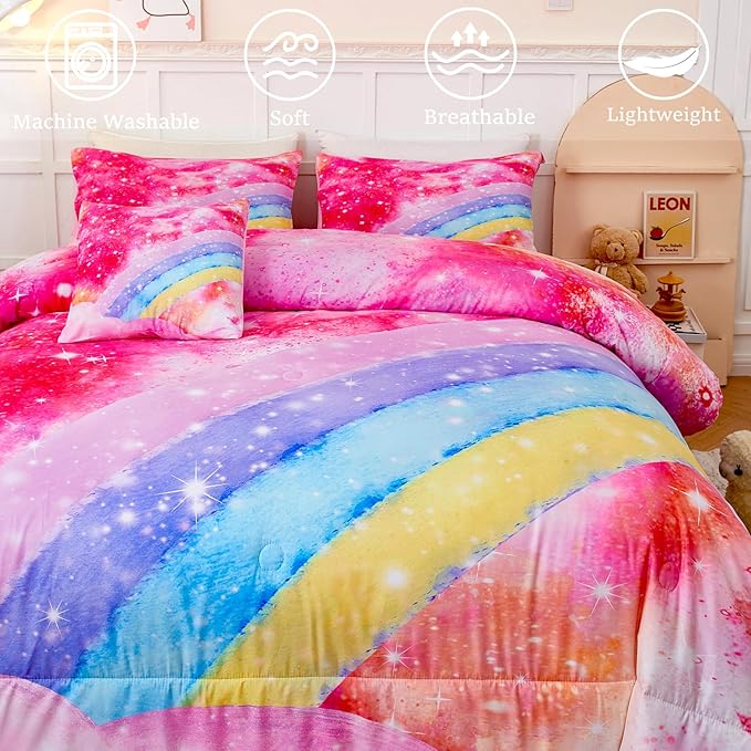 Rainbow Twin Size Comforter Set for Girls 6 Pieces Sparkle Tie Dye Pink Girls Bedding Comforter Sets Galaxy Kids Bed Comforter Sets Gradient Glitter Soft Bed in A Bag with Sheets