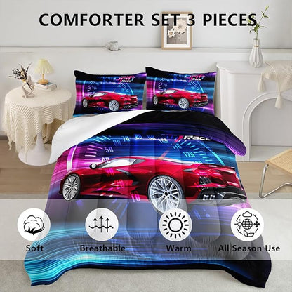 Axolotl Race Car Bedding Set Twin Size,Boys Extreme Sports Comforter Set for Kids Boys Car Racing Gifts,Red Cool Car Comforter Car Sports Quilt Set 1 Comforter Set with 2 Pillowcase Car Racing Gifts