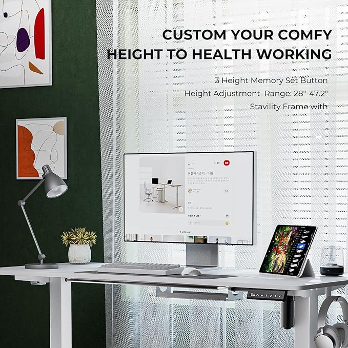 Electric Standing Desk,Adjustable Height Desk With Curved Desktop, Stand Up Desk With 2 Metal Hooks & Cable Organizer Box, Powerful Motor For Fast Switch From Sit To Stand Position 55x24 White