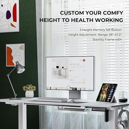Electric Standing Desk,Adjustable Height Desk With Curved Desktop, Stand Up Desk With 2 Metal Hooks & Cable Organizer Box, Powerful Motor For Fast Switch From Sit To Stand Position 55x24 White