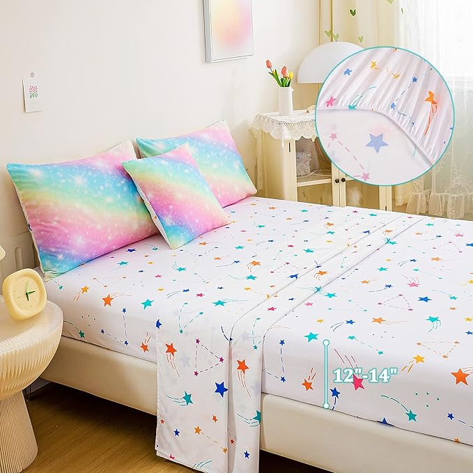 Glitter Galaxy Comforter Set 6 Pcs Bed in A Bag, Ombre Pink Blue Rainbow Girls Full Size Bedding Sets with Sheets