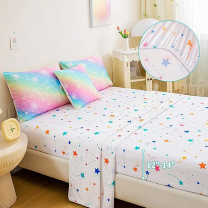 6 Pcs Bed in A Bag Glitter Galaxy Comforter Set Twin Size, Ombre Pink Rainbow Bedding Sets with Sheets for Girls