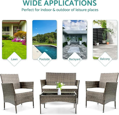 Patio Furniture, 4 Piece Conversation Set, Outdoor Wicker Rattan Table and Chairs, Sectional Sofa with Thick Cushion for Garden, Yard, or Porch, Brown
