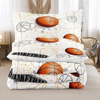 NINENINE White Basketball Comforter Sets for Teen Boys Full Size Sports Bedding White and Gold Comforter Sets with 1 Comforter 2 Pillowcases