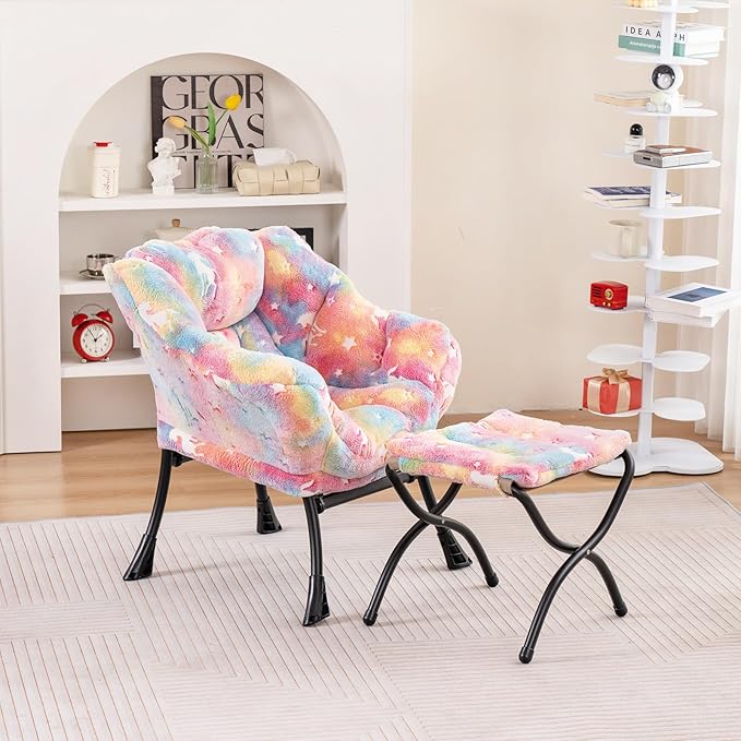 Welnow Toddler Kids Lazy Chair with Ottoman, Glow in The Dark Accent Comfy Lounge Children Armchair Couch with Removable Cover, Detachable Reading Chair with Footrest for Boy or Girl
