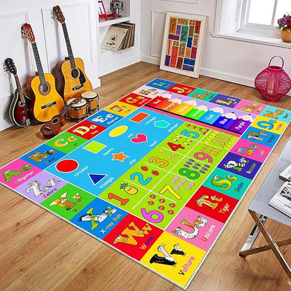 Kids Alphabet Play Game Rug - 5'x7' ABC Numbers and Shapes Educational Learning Toddler Carpet - Kids Room Playroom Classroom Kindergarten Activity Fun Soft Non-Slip Mat