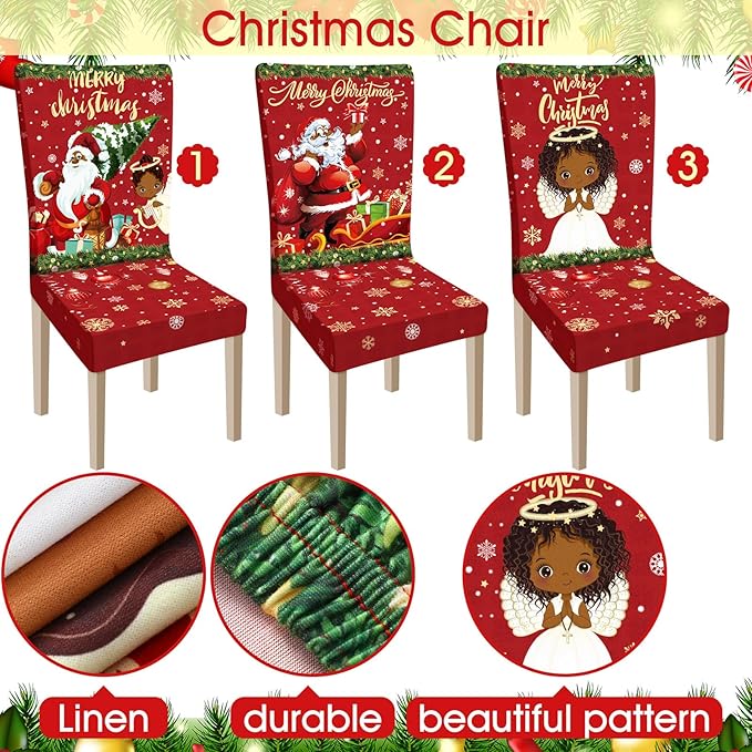 Ganeen 6 Pcs Christmas Chair Covers Merry Christmas Chair Back Cover Stretch Christmas Seat Cover Washable Xmas Dining Chair Protector Slipcover for Dining Room Kitchen Holiday Party (African Style)