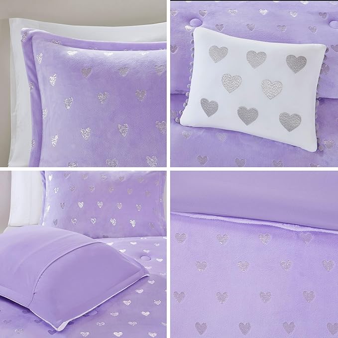 Mi Zone Rosalie Comforter Set for Girls, Ultra-Soft Microlight Plush Metallic Printed Hearts Brushed Reverse Overfilled Down Alternative Hypoallergenic All Season, Twin/Twin XL, Purple/Silver, 3 Piece
