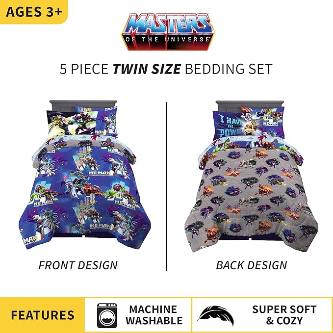 Franco Kids Bedding Super Soft Comforter and Sheet Set with Sham, 5 Piece Twin Size, He-Man and the Masters of the Universe