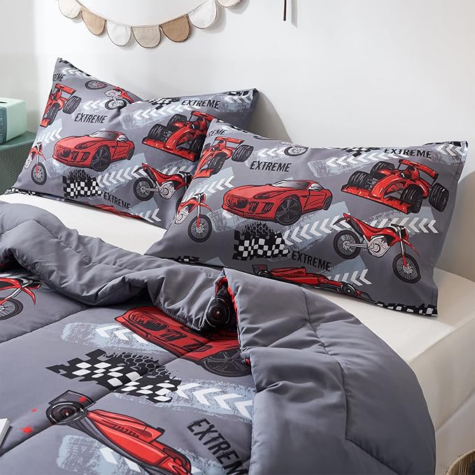 beeweed 2 Piece Kid Comforter Set Twin Size, Racing Car Bedding Set for Teen Boys Girls