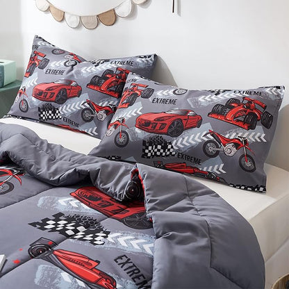 beeweed 2 Piece Kid Comforter Set Twin Size, Racing Car Bedding Set for Teen Boys Girls