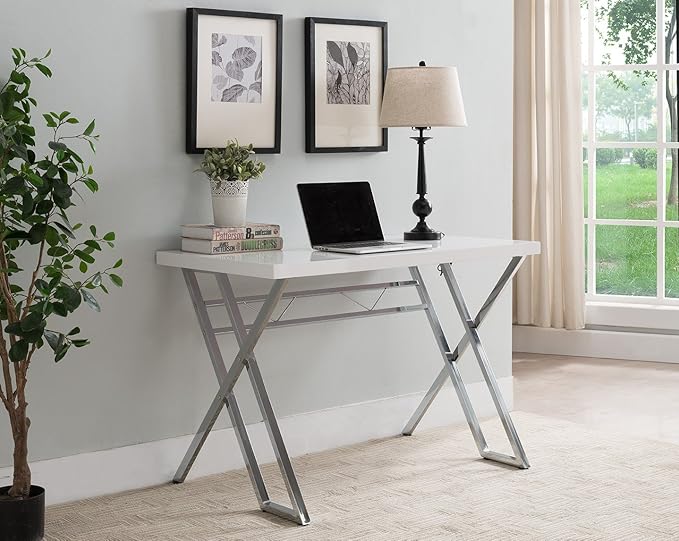 KB Designs - Modern Home Office Workstation Computer Desk, White/Chrome