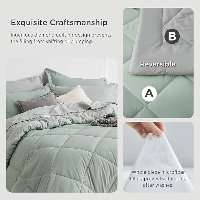 Bedsure Sage Green Full Comforter Set - 7 Pieces Reversible Bed Set Sage Green Bed in a Bag Full with Comforters, Sheets, Pillowcases & Shams, Full Bedding Sets