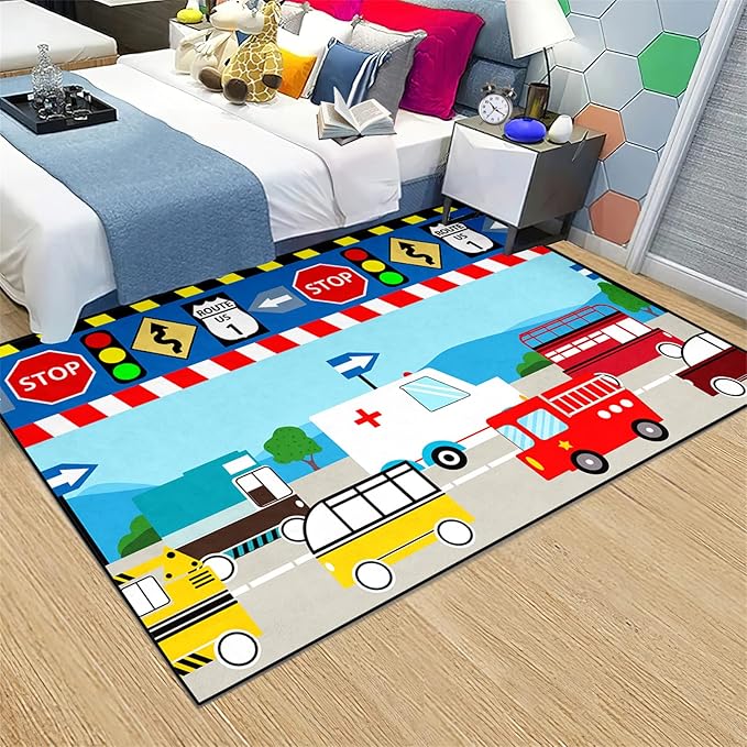 Cartoon Ambulance Car Area Rug Car Carpet for Kids Play Rug for Cars and Trucks Car Rug Play Mat Car Track Rug Truck Rugs for Boys Room Rugs for Boys Bedroom,Light Blue 3'×5'