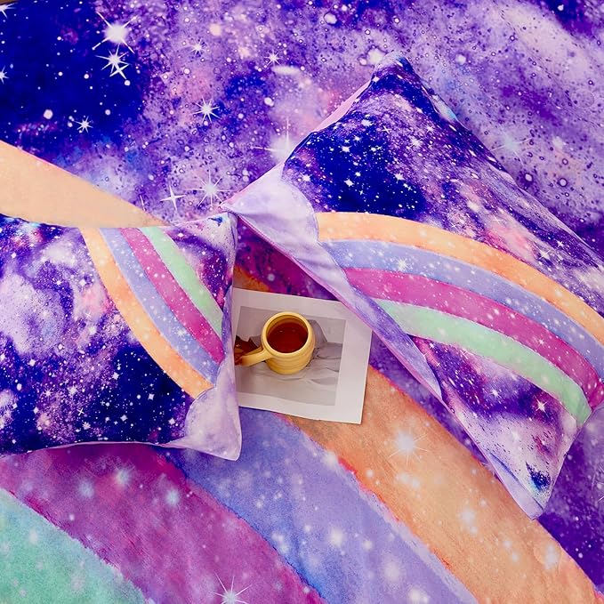 6 Pcs Rainbow Queen Bed in A Bag for Girls/Kids/Teens Purple Tie Dye Comforter Set Galaxy Girls Bedding Comforter Set Soft Gradient Glitter Bed Sets for All Season