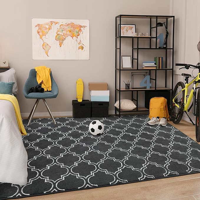 Chicrug Shag Geometric Modern Area Rug for Bedroom, 3x5 Feet Memory Foam Indoor Carpet, Fluffy Rug for Living room Bedside Room Decor for Family Girls Kids Nursery Play Mat, Dark Grey/White