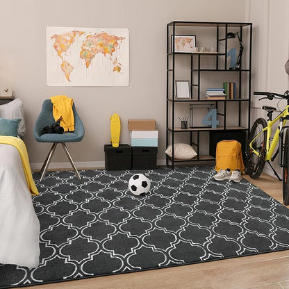 Chicrug Shag Geometric Modern Area Rug for Bedroom, 3x5 Feet Memory Foam Indoor Carpet, Fluffy Rug for Living room Bedside Room Decor for Family Girls Kids Nursery Play Mat, Dark Grey/White