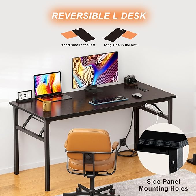 DlandHome Reversible L-Shaped Desk with Monitor Stand,LED Lighting Computer Desk with Power Outlets,Home Office Table Computer Workstation, Black