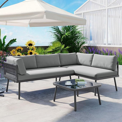 3-Piece Outdoor Patio Furniture PE Rattan Sofa Set, All Weather L-Shaped Sectional Couch with Removable Cushions and Glass Table, for Backyard Poolside Garden, Metal Frame, Onesize, Gray