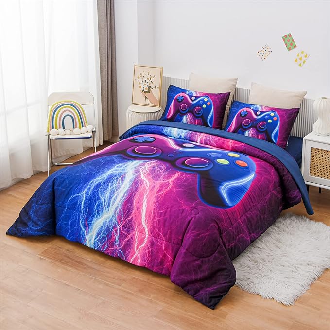 Meeting Story Gamer Gaming Bedding Sets Red Blue Lightnings Gamepad Comforter Set for Boys Games Console Action Buttons Novelty Colorful Modern Room Decor Home Quilt Set (Blue-Purple, Twin 5Pcs)