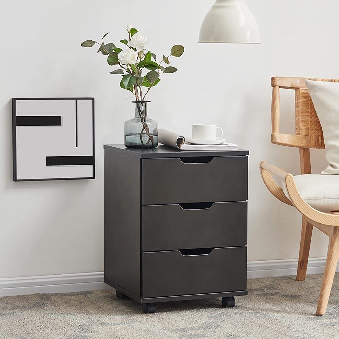 Farini 3-Drawer Vertical Filing Cabinet Rolling Wood Mobile File Cabinets Under Desk for Home Office with Casters (Black, Fully Assembled)