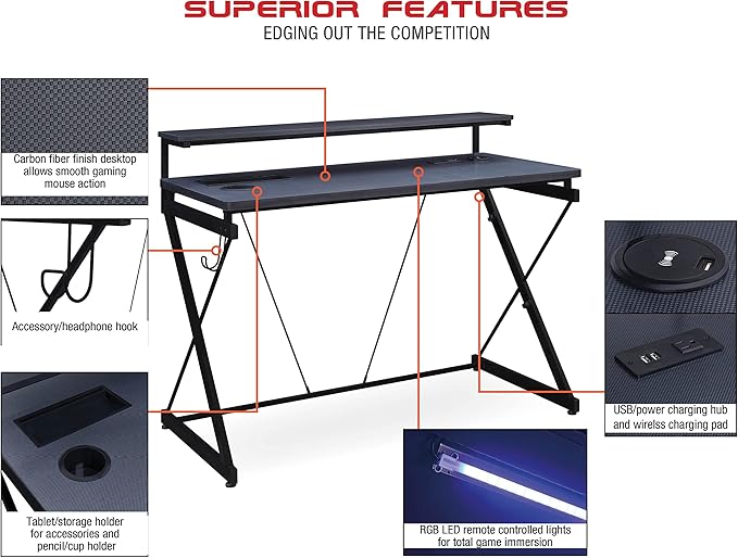 OSP Home Furnishings Emulator Battlestation Gaming Desk with RGB LED Lights, Black