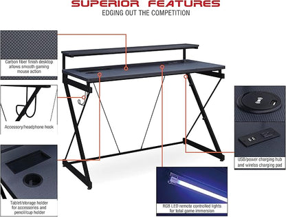 OSP Home Furnishings Emulator Battlestation Gaming Desk with RGB LED Lights, Black