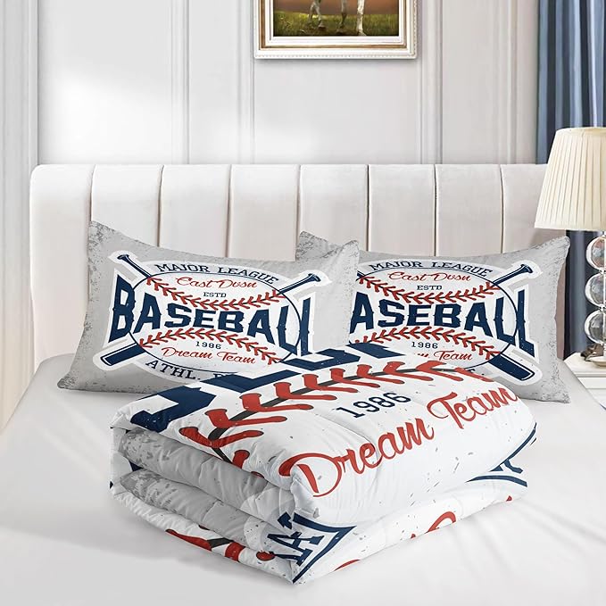 Datura home Baseball Comforter Set Vintage Grey Baseball Printed Quilt Bedding Set with 1 Comforter and 2 Pillowcases for Boys and Girls Bedroom All Season(Baseball Twin)