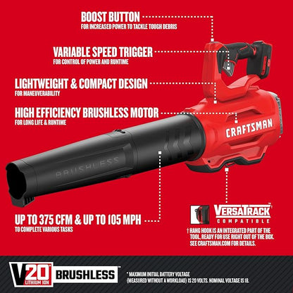 CRAFTSMAN CMCBL720B V20* Cordless Axial Leaf Blower, Brushless (Tool Only) Red