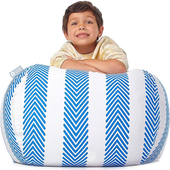 5 STARS UNITED Stuffed Animal Storage Bean Bag – Toy Storage Organizer and Bean Bag Chair for Kids Holds up to 90+ Plush Toys – Cotton Canvas Bags Cover for Boys and Girls Ages 4-11, Blue Stripes