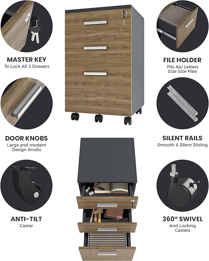 Lazio File Cabinet with Lock - Filing Cabinet for Home and Office - 3 Drawer Small Rolling File Cabinet -Wood Printer Stand with Storage for A4 Size/Legal Documents, File Folders (Cass Walnut/Black)
