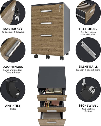 Lazio File Cabinet with Lock - Filing Cabinet for Home and Office - 3 Drawer Small Rolling File Cabinet -Wood Printer Stand with Storage for A4 Size/Legal Documents, File Folders (Cass Walnut/Black)