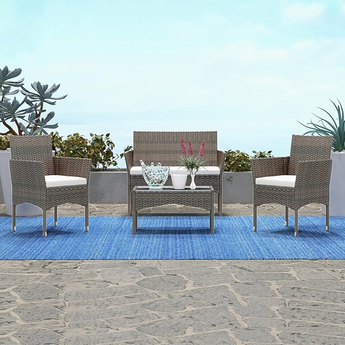 Patio Furniture, 4 Piece Conversation Set, Outdoor Wicker Rattan Table and Chairs, Sectional Sofa with Thick Cushion for Garden, Yard, or Porch, Brown