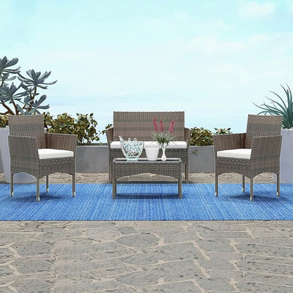 Patio Furniture, 4 Piece Conversation Set, Outdoor Wicker Rattan Table and Chairs, Sectional Sofa with Thick Cushion for Garden, Yard, or Porch, Brown