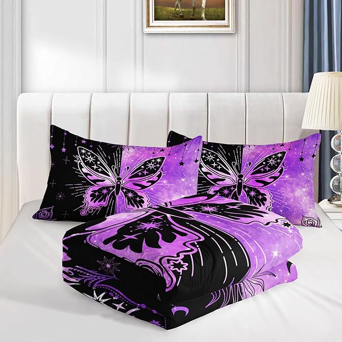 Datura home Black Purple Butterfly Comforter Set for Girls Women,Boho Butterfly Sun and Moon Mandala Printed Bedding Set with 2 Pillowcases(Black Purple Full)