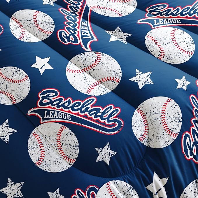 3D Baseballs Comforter Queen Size,Blue Baseball Kids Comforter Set,3Pcs Bedding Set Printed Comforter with 2 Pillowcases,Down Alternative,Soft and Lightweight,for All Seasons
