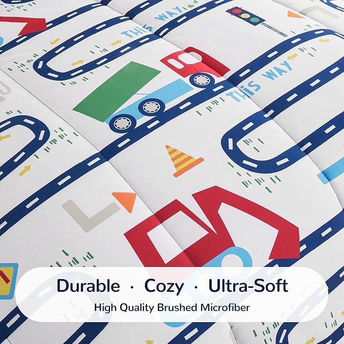 SLEEP ZONE Kids Bedding Comforter Set Full/Queen Size - Super Cute & Soft Kids Bedding 7 Pieces Set with Comforter, Sheet, Pillowcase & Sham (Road Trip, Full/Queen)