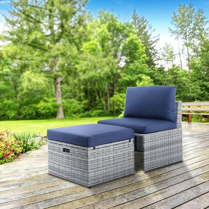 BACKYARD EXPRESSIONS PATIO · HOME · GARDEN w Backyard Expressions 2 Pc. Outdoor Conversation Chair Set with Storage and Ottoman, 250lb Weight Capacity, Navy Blue/Grey Wicker