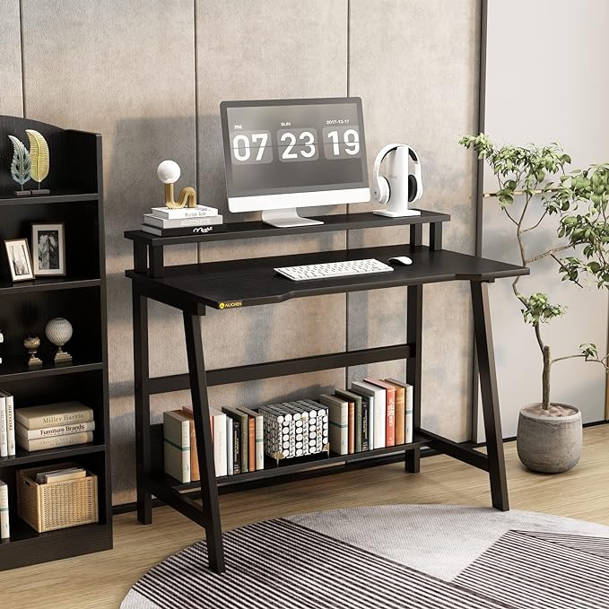 Computer Home Office Desk, 31.5" Desk for Small Spaces with Storage Shelf,Small Computer Desk with Monitor and Bookshelf, Modern Simple Style Laptop Desk