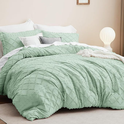 Bedsure King Size Comforter Set - Green Boho Comforter, Tufted Shabby Chic Bedding Comforter Set, 3 Pieces Vintage Farmhouse Bed Set for All Seasons, Fluffy Soft Bedding Set with 2 Pillow Shams