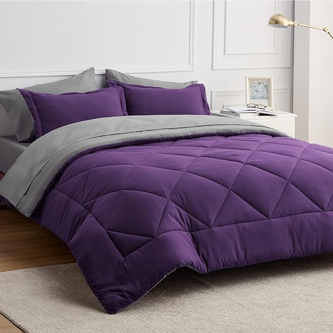 Bedsure Purple Queen Comforter Set - 7 Pieces Reversible Bed Set Bed in a Bag Queen with Comforters, Sheets, Pillowcases & Shams, Queen Bedding Sets