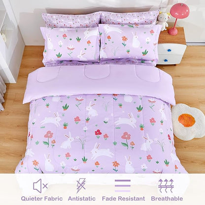 Mooreeke Bed in a Bag for Kids Girls Teens, 5 Pieces Twin Size Comforter Bed Set with Shams, Sheet Set, Rabbit Purple Super Soft Microfiber Kids Comforter Bedding Set