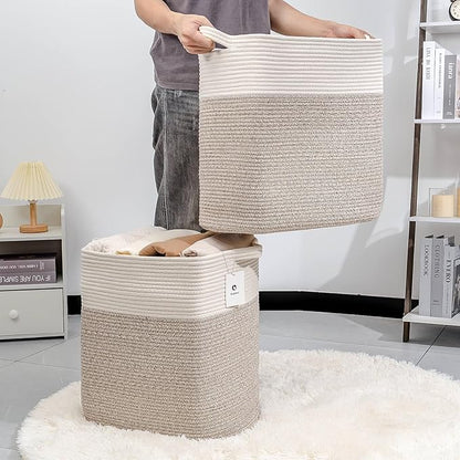 Toy Storage Baskets for Clothes Fabric Cotton Rope Storage Basket with Handles, Decorative Woven Basket for Living Room,Closet Organizer Blankets, and Toys (White Brown 2bags)