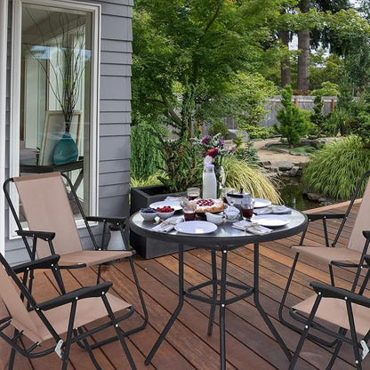 Nice C Outdoor Dining Sets, Patio Furniture Set, 8 Piece Set with Umbrella, Garden Outdoor Furniture Table Set with Tilted Removable Umbrella, Glass Table, and 6 Folding Chairs (Beige-6 Piece)