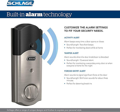 SCHLAGE BE469ZP CAM 625 Connect Smart Deadbolt With Alarm Inbuilt Camelot Trim In Bright Chrome