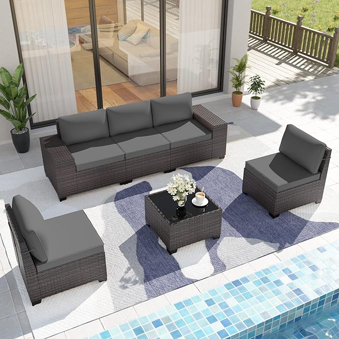 Patio Furniture Set Sofa 6-Piece Wicker PE Rattan Sectional Sofa Set, Outdoor Furniture Patio Conversation Set with Glass Coffee Table, Grey