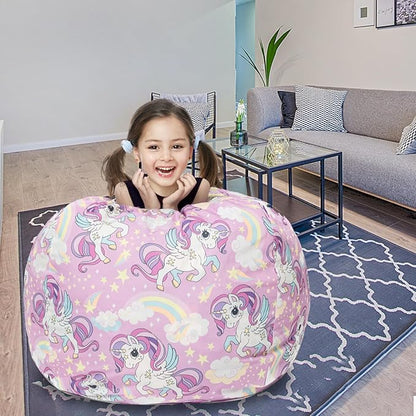 Stuffed Animal Storage Bean Bag Chair Cover, Hold Kids Plush Toys Blankets Towels Beanbag (Cover Only), Canvas Floor Circle Stuff Sit Seat Sofa with YKK Zipper, Extra Large 38", Unicorn