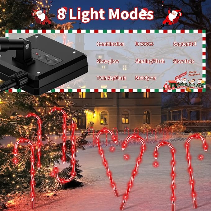 AOSEA 20 Pack Christmas Decorations Outdoor, 160 Red LEDs Solar Christmas Candy Cane Lights, Solar Pathway Lights with 8 Lighting Modes, Waterproof Solar Lights for Yard, Walkway, Lawn, Garden Decor