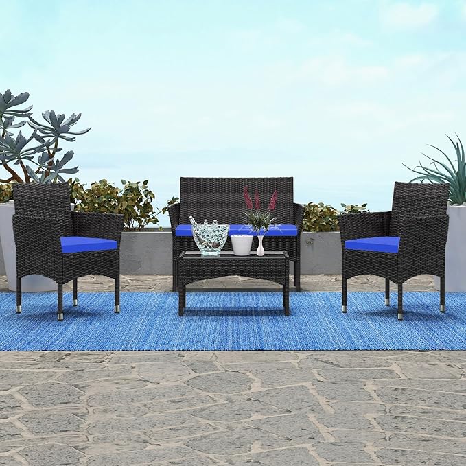 Patio Furniture, 4 Piece Conversation Set, Outdoor Wicker Rattan Table and Chairs, Sectional Sofa with Thick Cushion for Garden, Yard, or Porch, Dark Brown